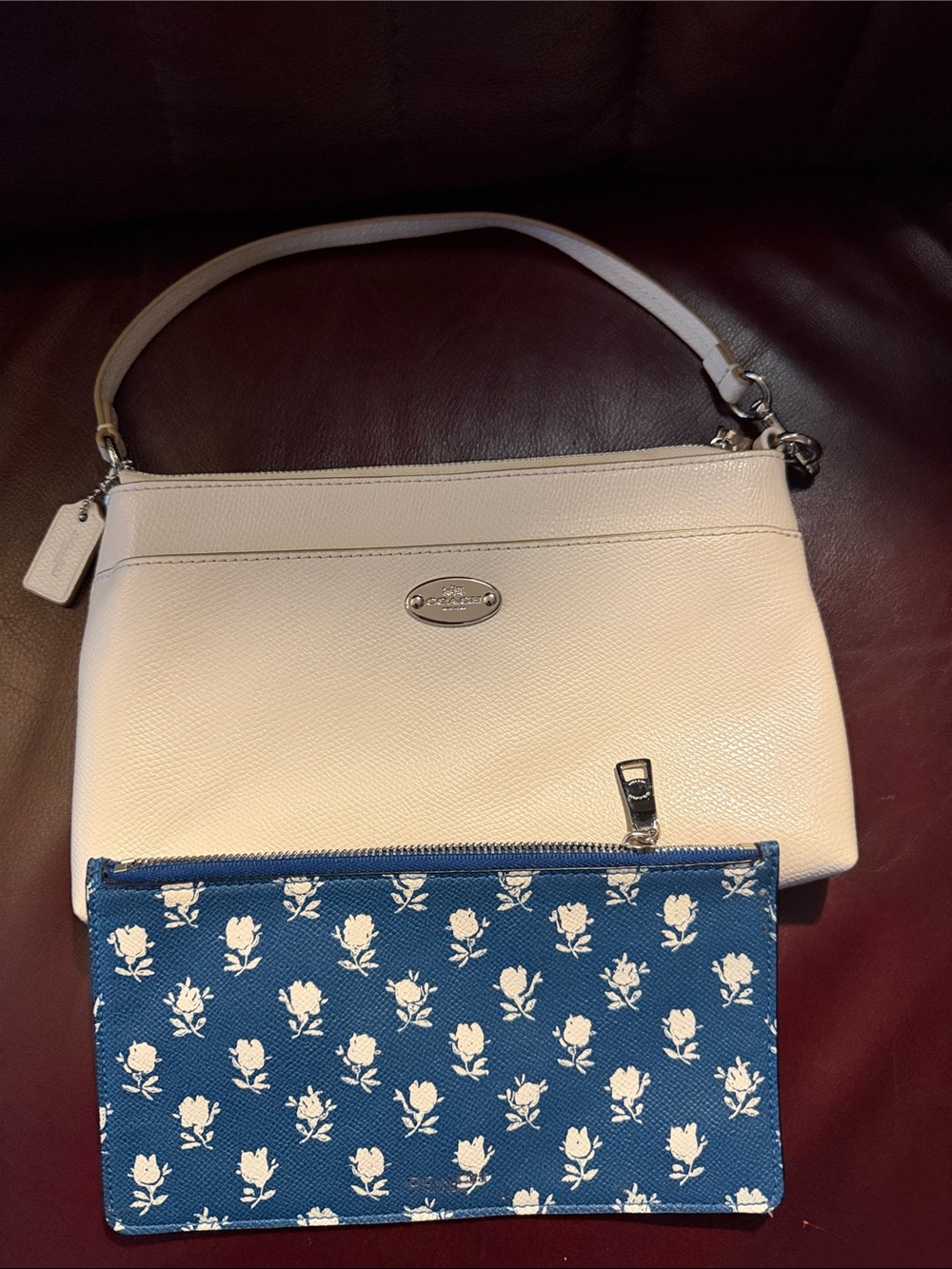 Coach clutch set Cream Pebble Leather Shoulder Bag with Blue Floral